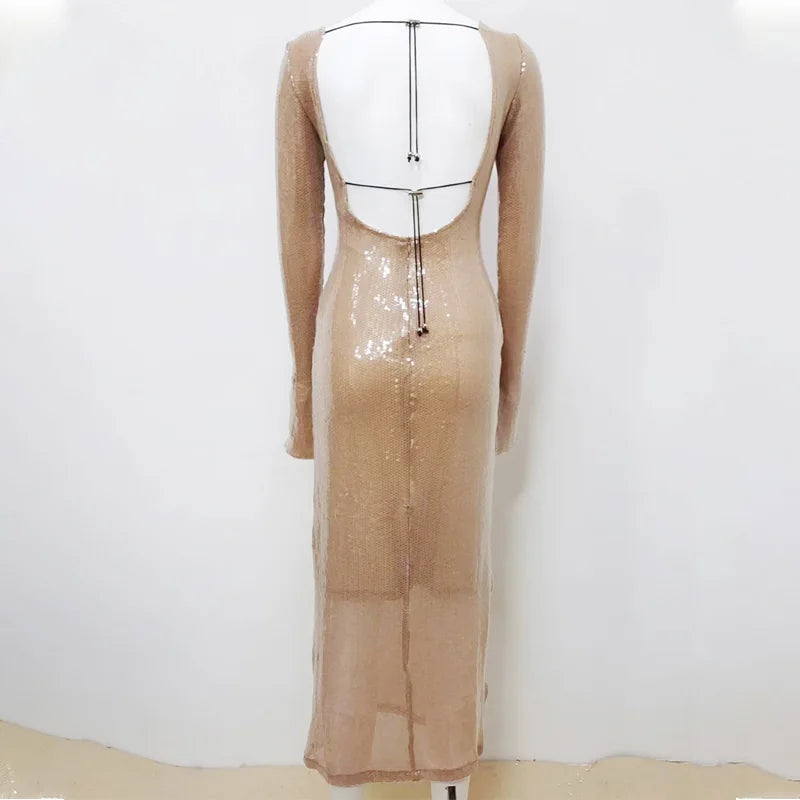 Luxury celebrity vacation photography nightclub evening gown sexy solid color sequin banquet long sleeved dress