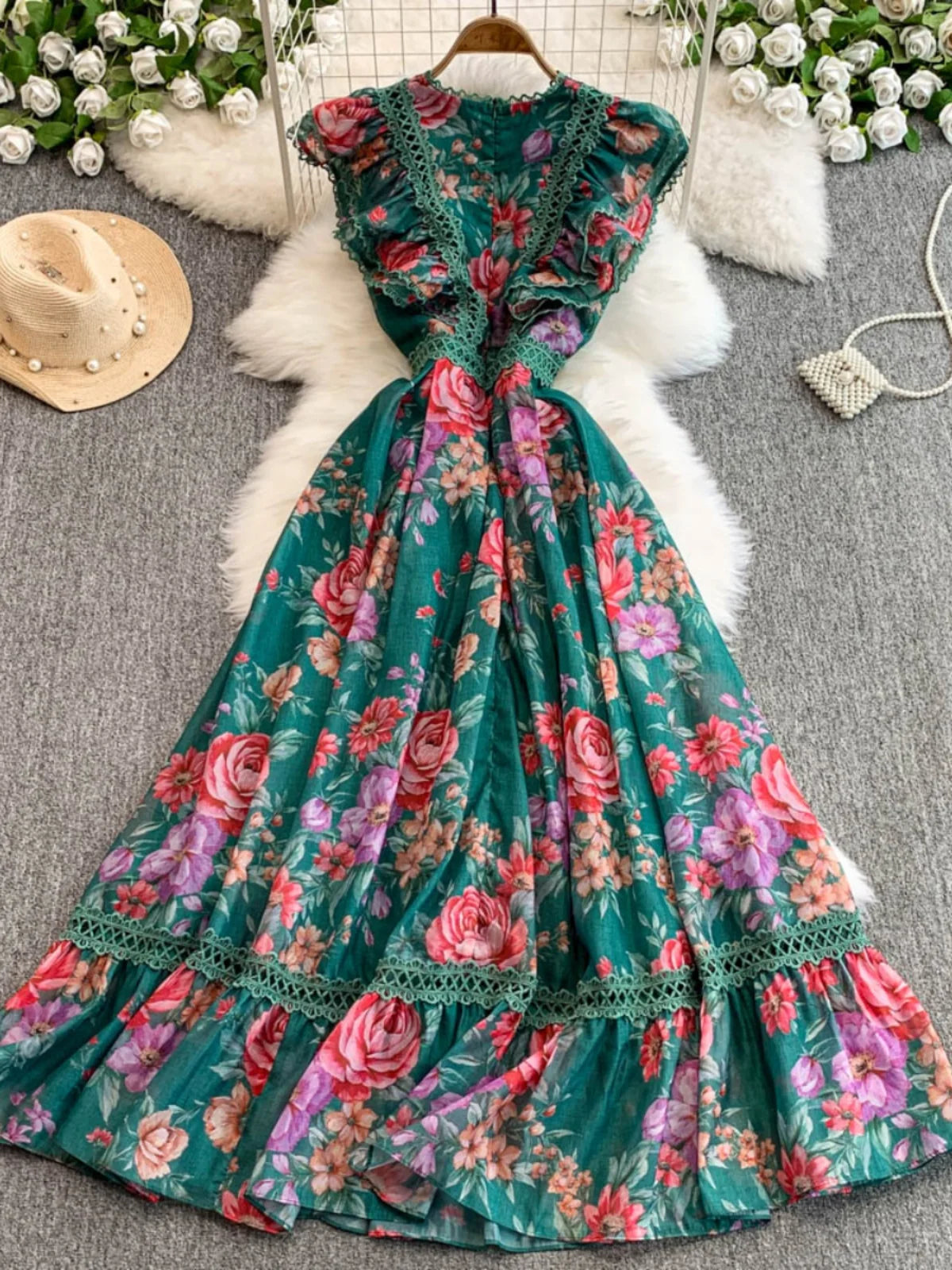 Ele Lace Splice Waist Cinching Long Dr Korean Sle Print Blouse Svel Midi Skirt High Waist A-Line Silhouette