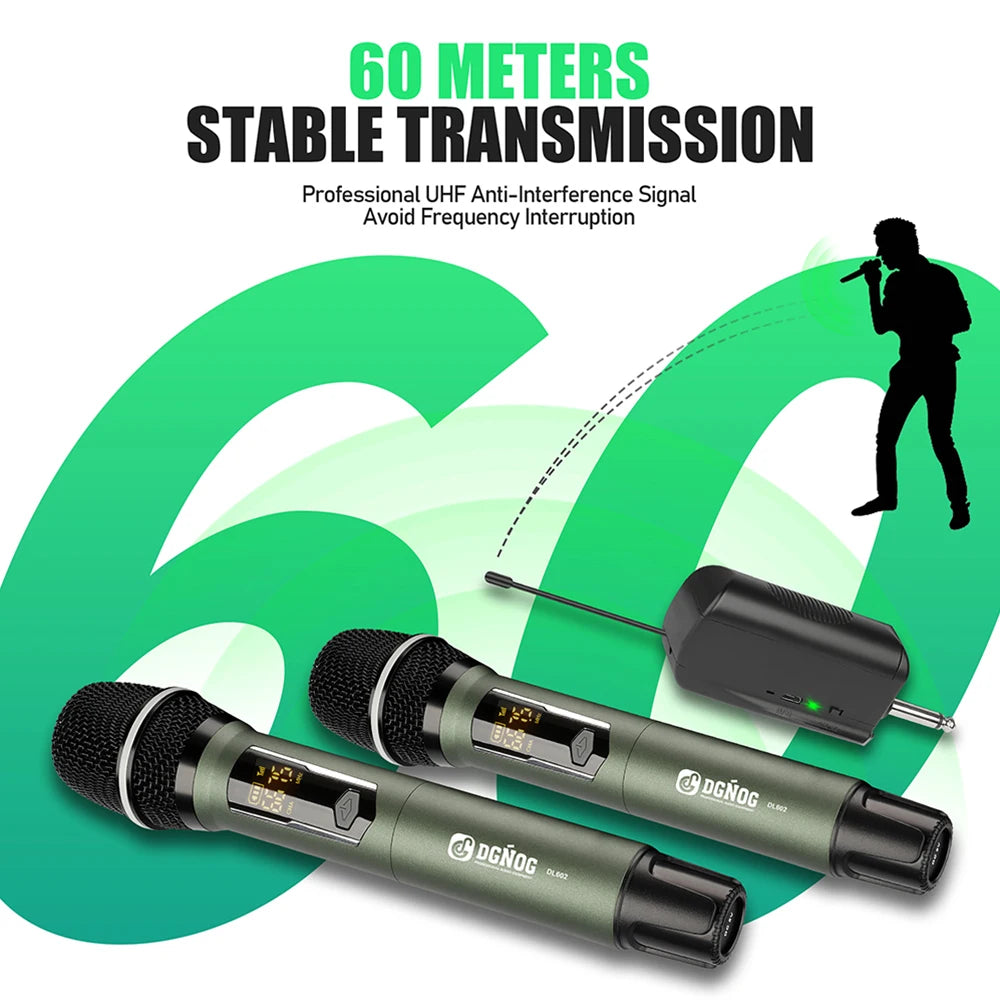 Rechargeable Battery Microphone 2 Channel UHF Wireless Microphone Dual Handheld Dynamic Adjust Frequency For Stage 200ft DL602