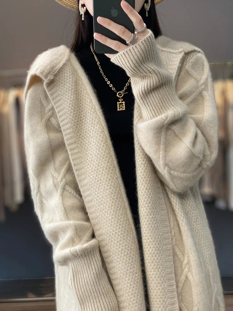Autumn Winter 100% Merino Wool Women's Cardigan Long Sleeve Sweater Coat Loose Warm Cashmere Knitwear Fashion Female Long Coat