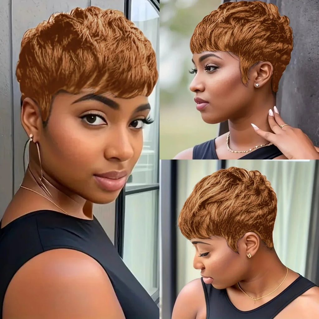 Brazilian Remy Human Hair Pixie Cut Wig Wave Full Machine Made wig Layered Wig Natural Look for Women