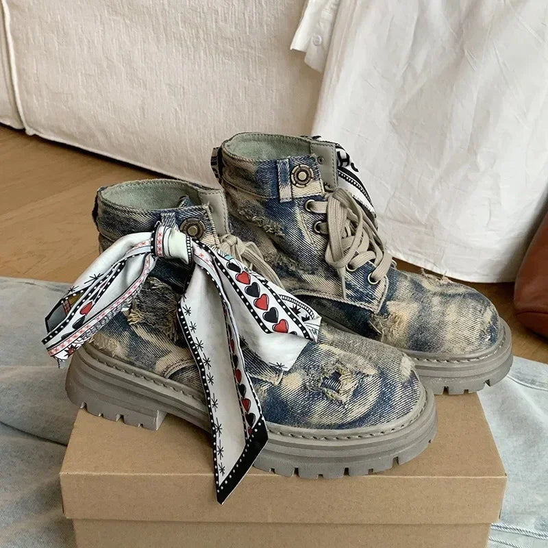 Women's Boots  New Thick Sole Breathable Ribbon Strap Short Boots Anti Slip Lace-up Height Increasing Fashion Boots