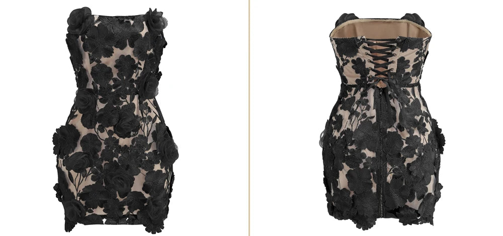 New sexy embroidered flower strapless dress, women's back tie adjustable party dress