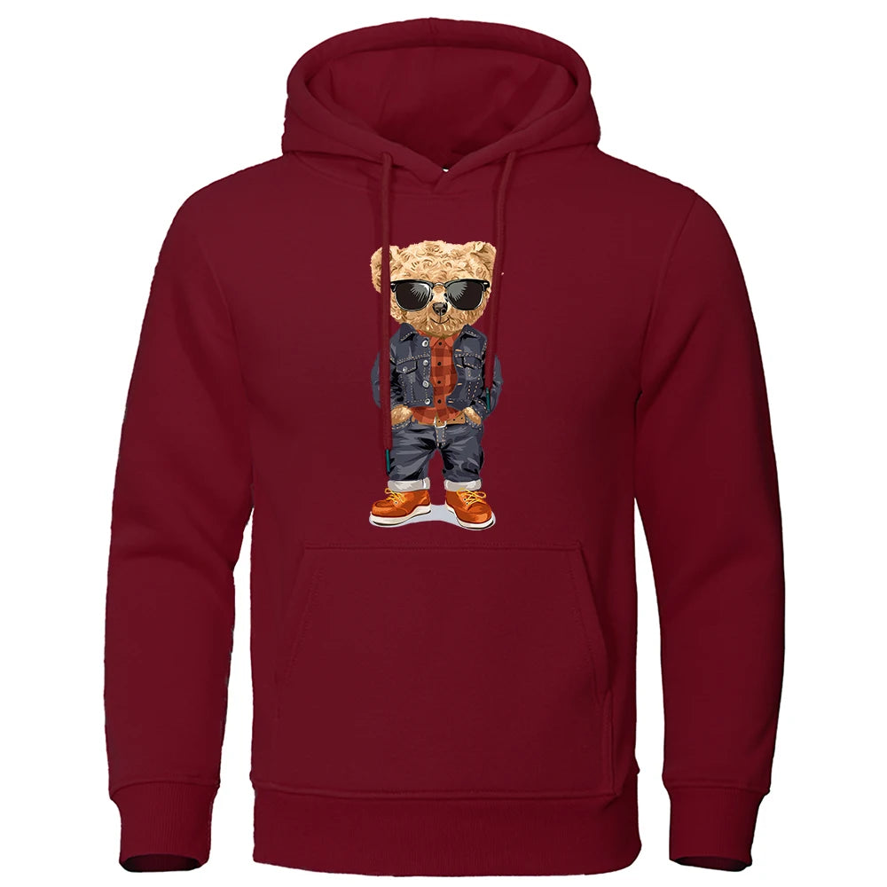 Funny Pose Teddy Bear Prints Men Hoodie Loose Pocket Hoody Autumn Oversize Sweatshirt Fashion Casual Fleece Pullover Unisex