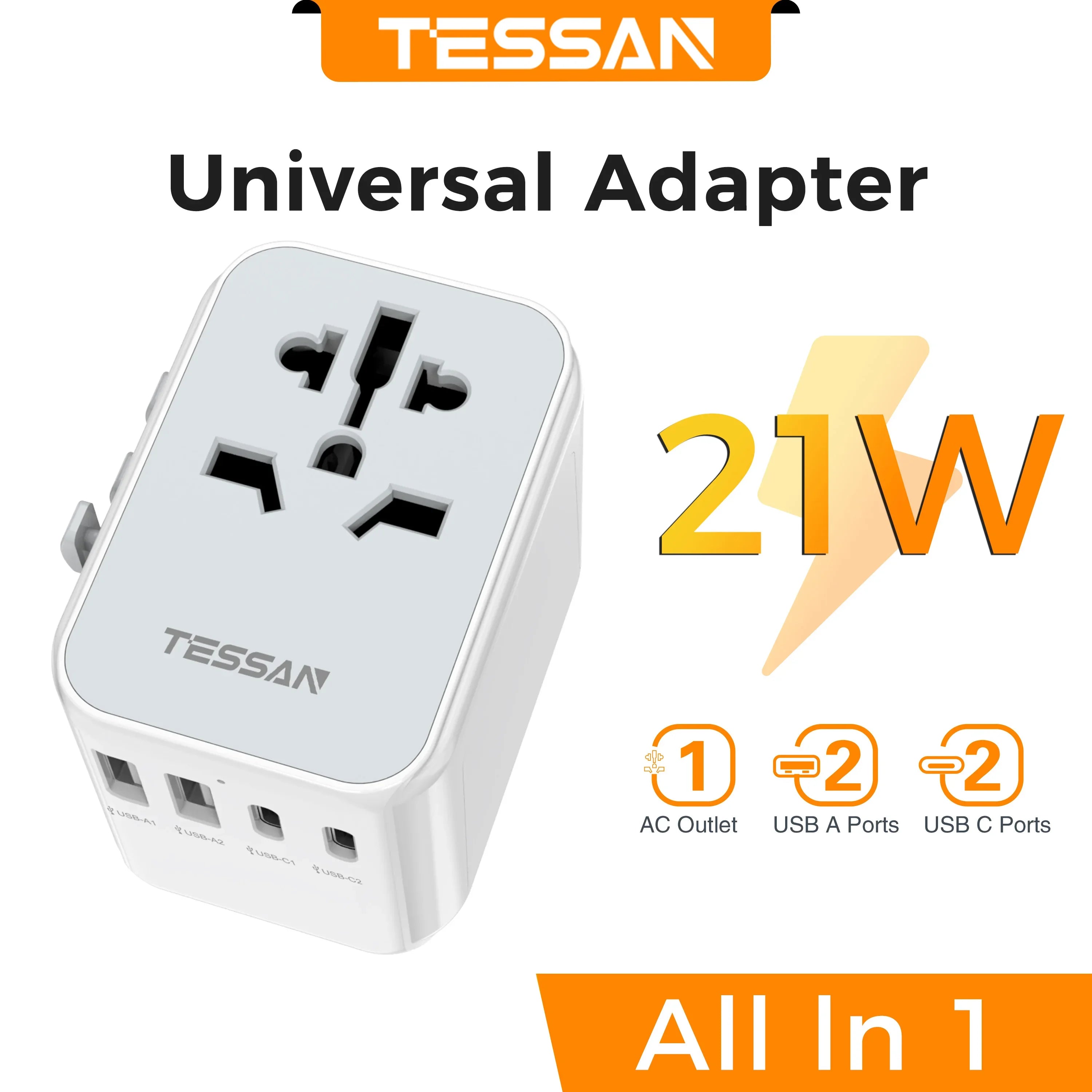 TESSAN Universal Worldwide All in One Charger Travel Power Plug Adapter with USB Type C Charging Ports for USA EU UK AU