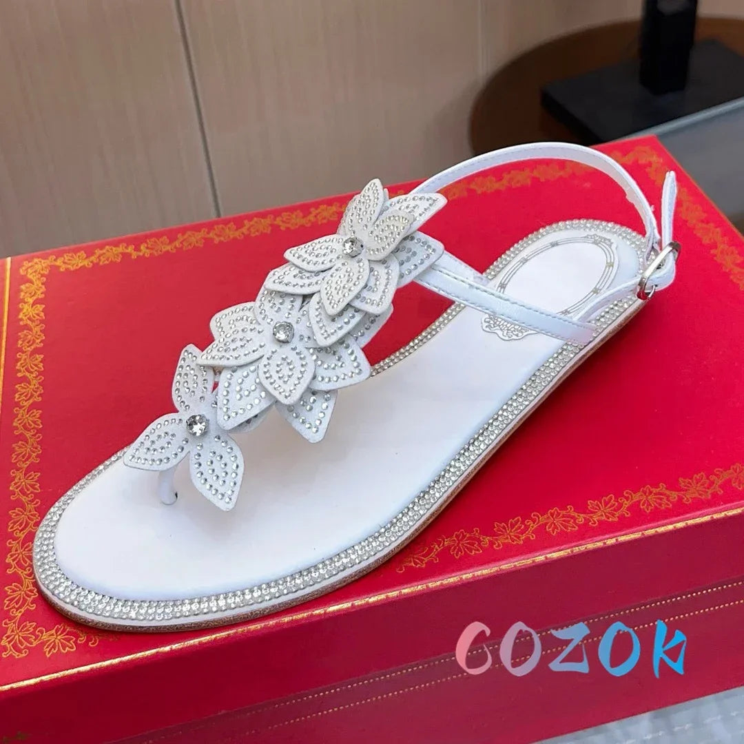 Elegant White Crystal Flower Pinch Toe Summer Flat Sandals Leather Ankle Buckle Strap Dress Shoes Women's Vacation Shoes