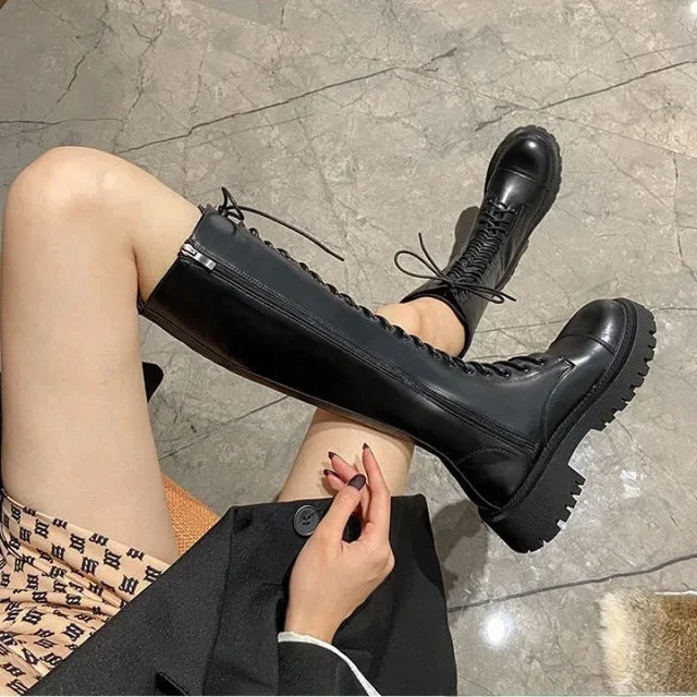 2024 New Women's Long Boots Thick Sole Knight Boots British Style High Non-knee Rubber Upper Material