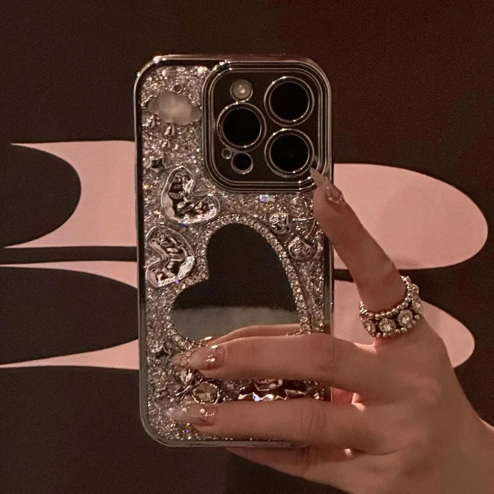 Luxury Glitter 3D Cloud Bear Phone Case For iPhone 16 15 14 13 12 Pro Max 11 Shiny Love Heart Mirror Lens Protective Back Cover