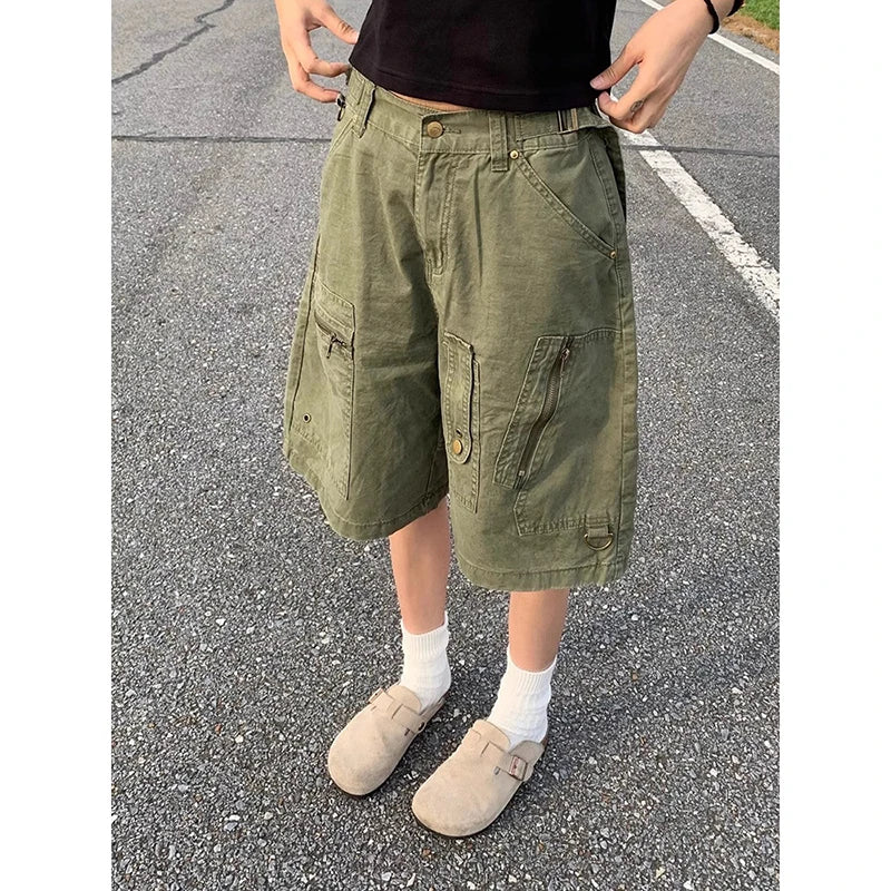 ZHIZOU Women Cargo Short Jeans American Vintage Y2K Straight Streetwear Wide Leg Pants High Waist Summer Knee Length Denim Short