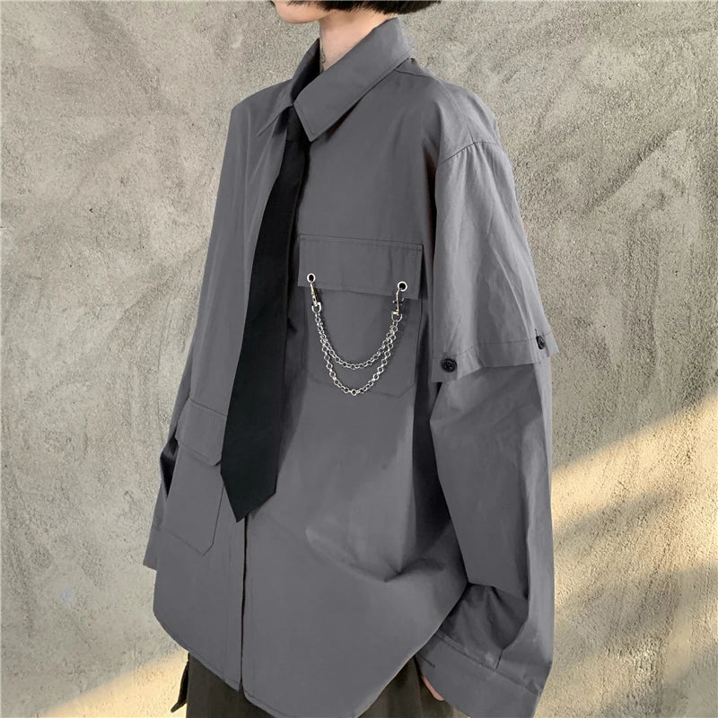 Women's Two-Way Wear Long Sve irt Loose Fit Street Sle Korean Version Retro BF Top  Collar Button up Polyester