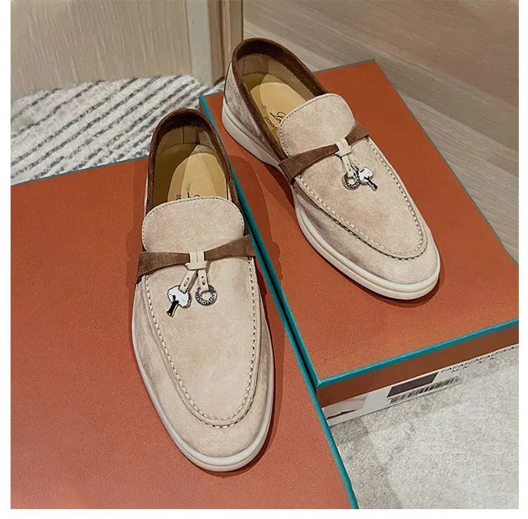 Summer Walk Genuine Leather Casual Slip-On Loers Women's Faion Single oes Comfortable round Toe Flat Heel All-Match Color