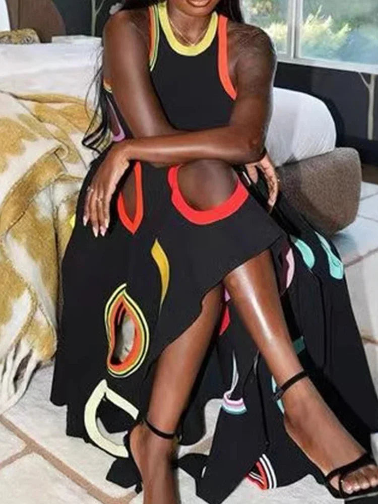 Women's Circle Hollow Out Tank Dress Round Neck Asymmetric Hem Pleated A-Line Casual Elegant Sleeveless High Street Sexy Dress