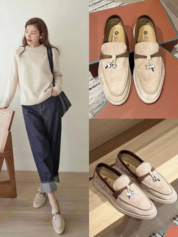 Summer Walk Genuine Leather Casual Slip-On Loers Women's Faion Single oes Comfortable round Toe Flat Heel All-Match Color