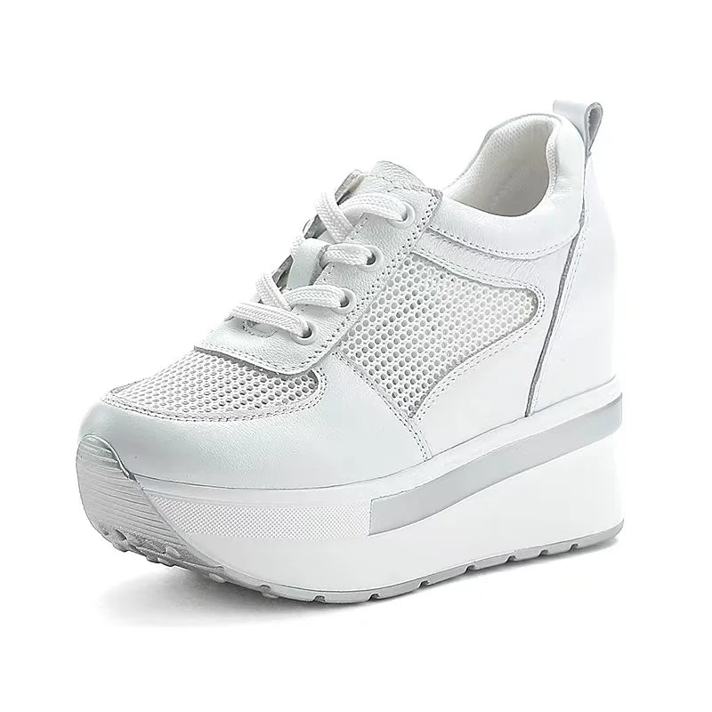 10cm Air Mesh Genuine Leather Platform 2025 Wedge Flats Sneakers Hook Summer Women Comfy Fashion Chunky Sneaker Sandals Shoes