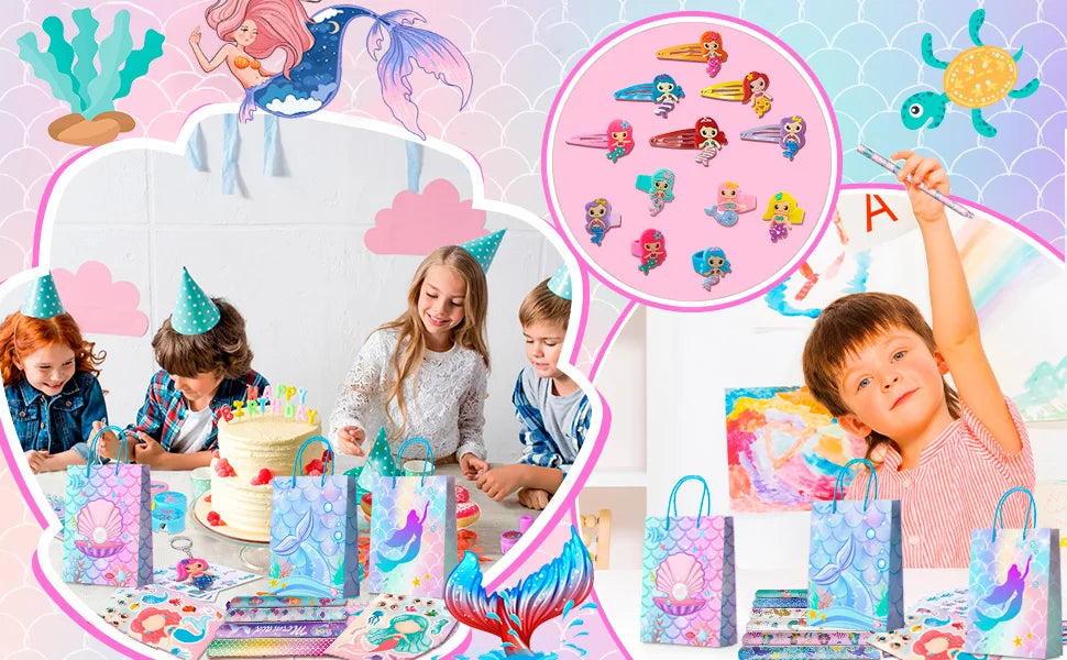 84pcs Mermaid Party Favors for Boys and Girls with Mermaid Birthday Rings Keychain Slap Bracelets Bags Hair Clips Necklace etc