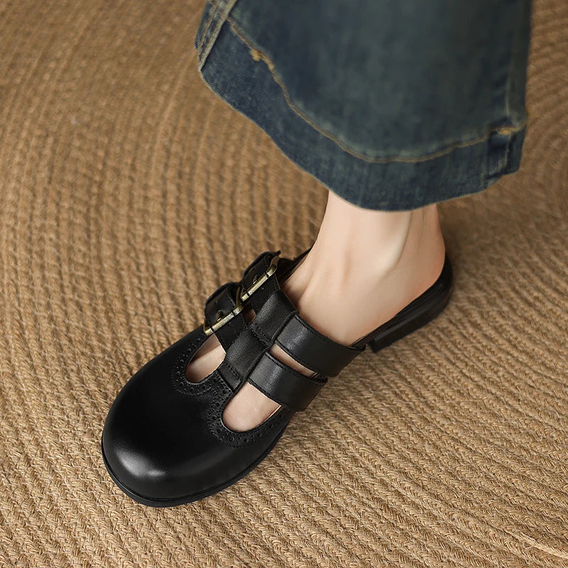 New Fashion Sandal Women Pumps Shoes Sexy Slingback Heels Retro Leather Party Casual Summer Round Toe Shoes Mueller Slippers