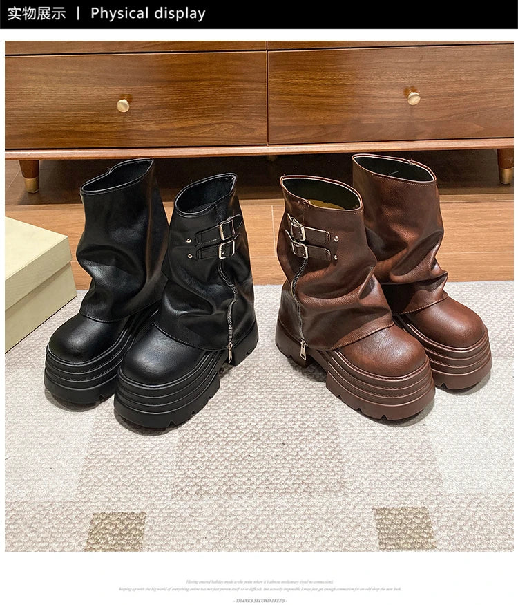 10CM Winter Warm Chunky Short Boots Women High Heels New Mid Calf Leather Sneakers Trend Buckle Motorcycle Boots Fur Snow Shoes