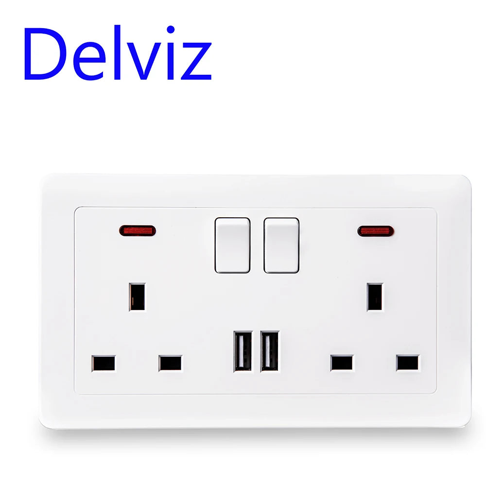 Delviz Wall Power USB Socket, 5V 2.1A Double USB Charger Port, LED Indicator, 146mm*86mm, UK Standard Switch control 13A Outlet