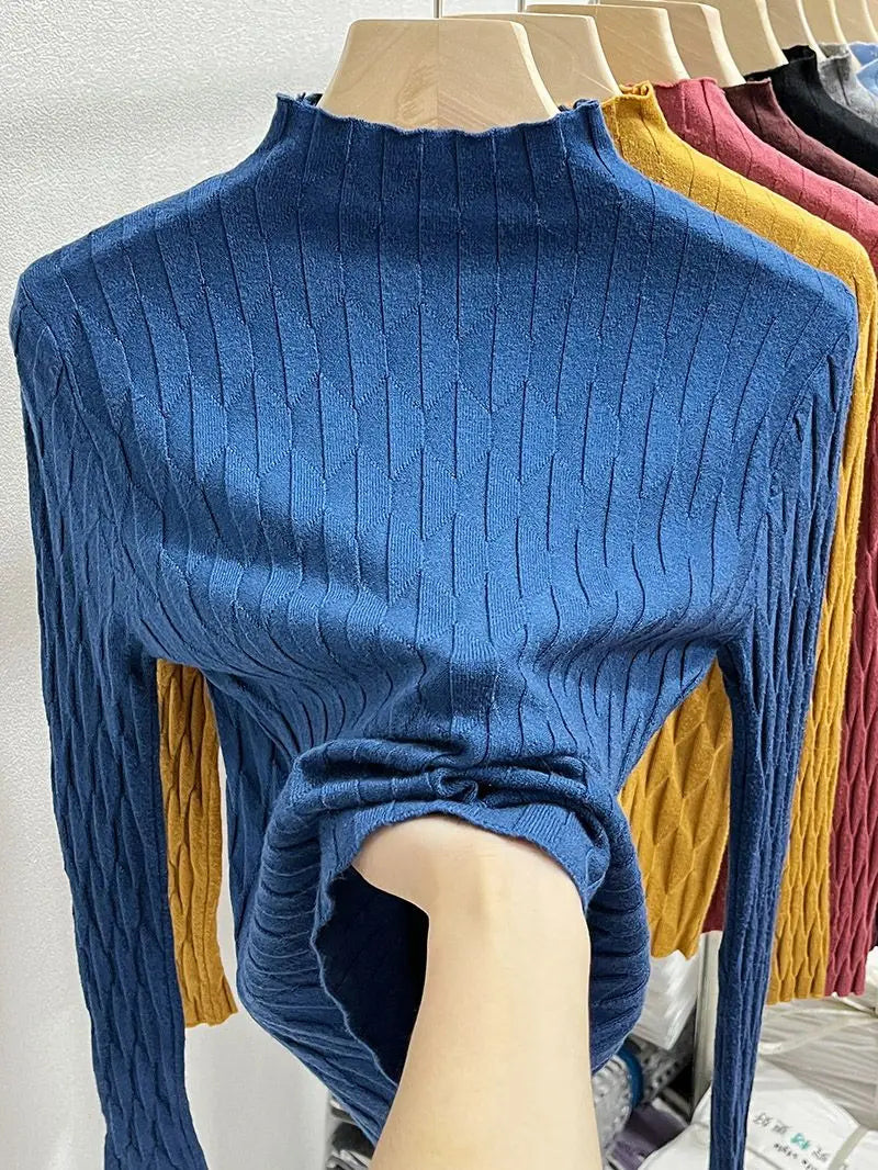 2025 Slim Fit Knitted Base Pullovers Autumn Winter Turtleneck Sweater Women's Solid Long Sleeve Casual Ruched Sweater