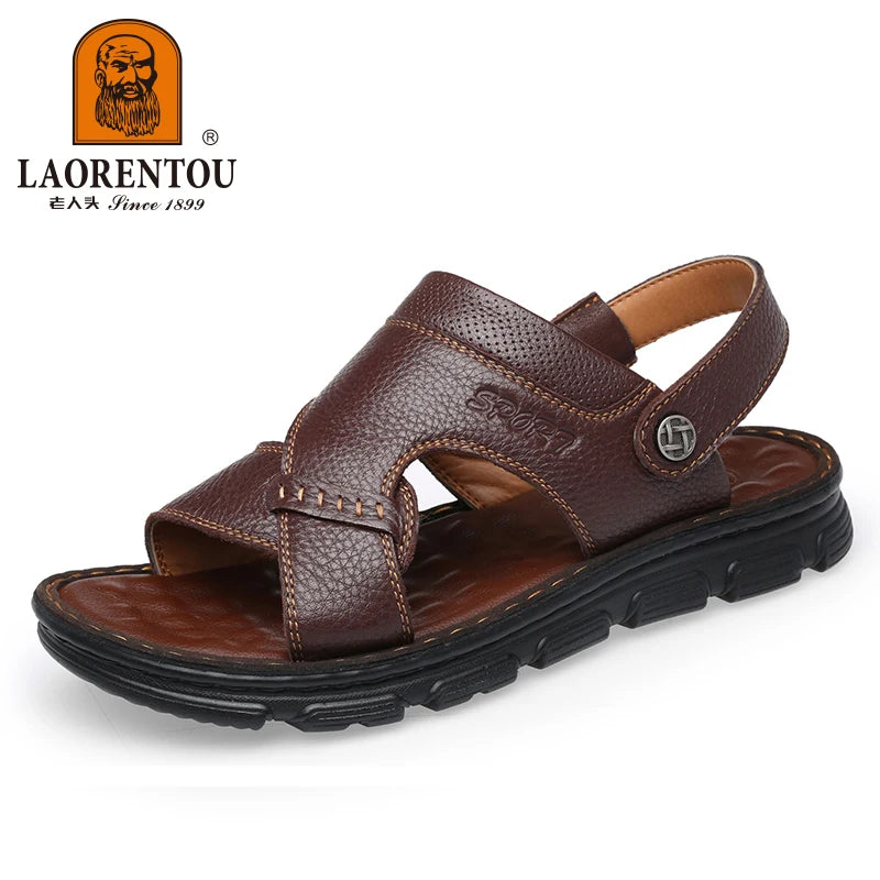 LAORENTOU cowhide breathable outdoor leisure beach shoes, anti slip thick sole leather sandals for external wear