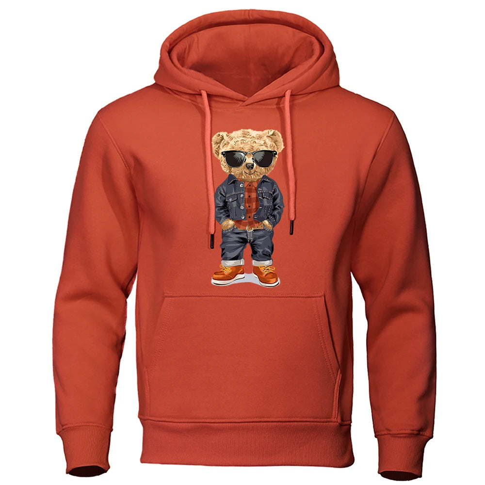 Funny Pose Teddy Bear Prints Men Hoodie Loose Pocket Hoody Autumn Oversize Sweatshirt Fashion Casual Fleece Pullover Unisex