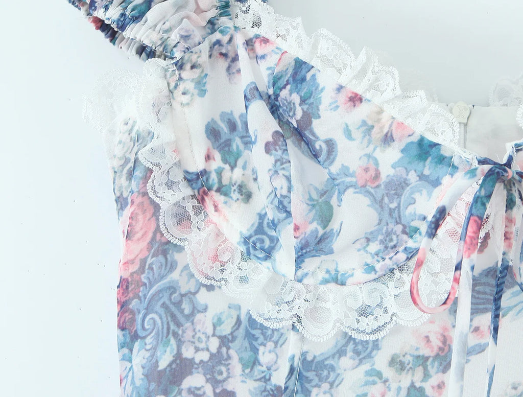 YENKYE Boho Blue Floral Print Mini Dress Women Puff Sleeve Lace Spliced A-line Beach Holiday Summer Dresses 2025 Short Robe