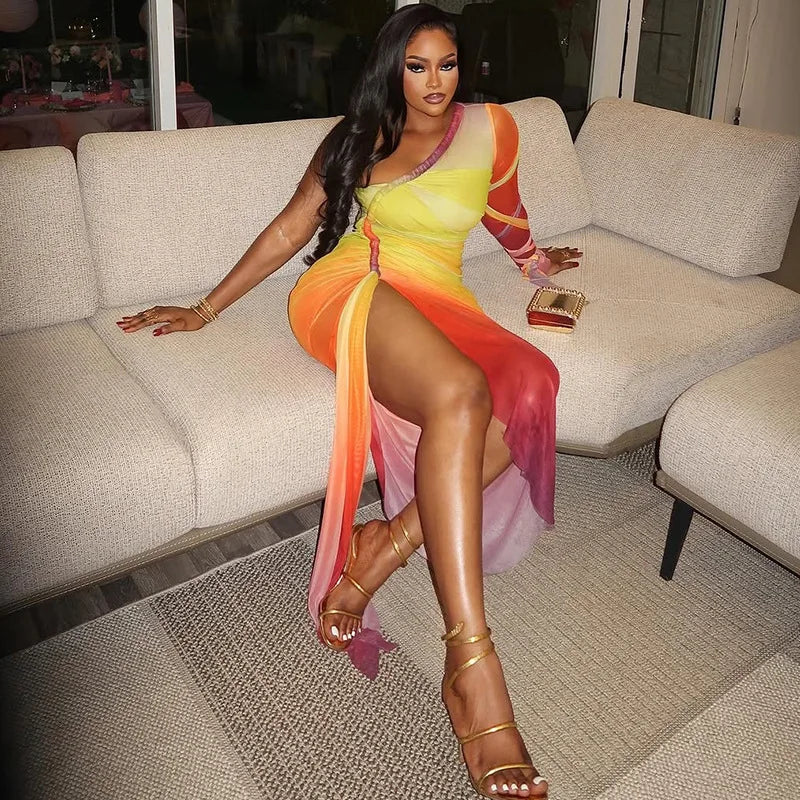 CM.YAYA Summer Women One Full Sleeve Tie Dye Print Midi Dress High Side Split High Waist Night Club Party Dresses Vestidos