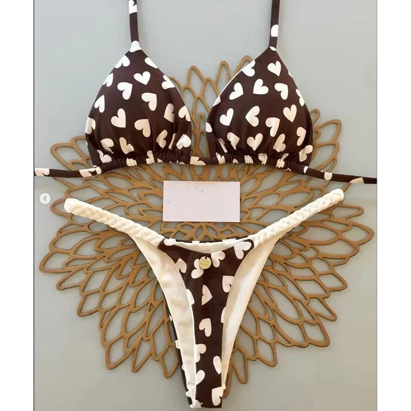 Sexy Bikini Set Bathing Suit Women Vintage Print Halter Lace-up Thongs Bikini Push Up Y2k Fashion Chic Beach Style Sexy Swimsuit