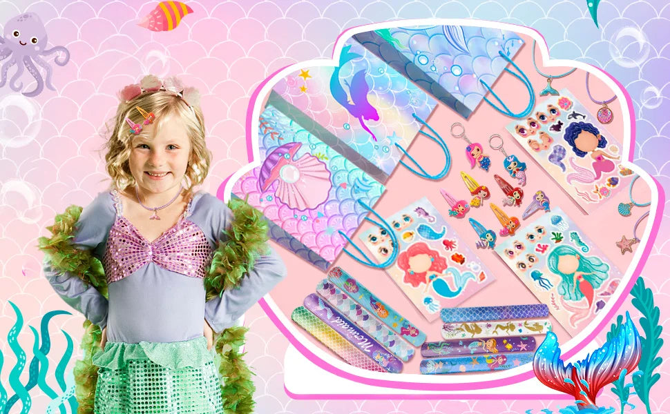 84pcs Mermaid Party Favors for Boys and Girls with Mermaid Birthday Rings Keychain Slap Bracelets Bags Hair Clips Necklace etc