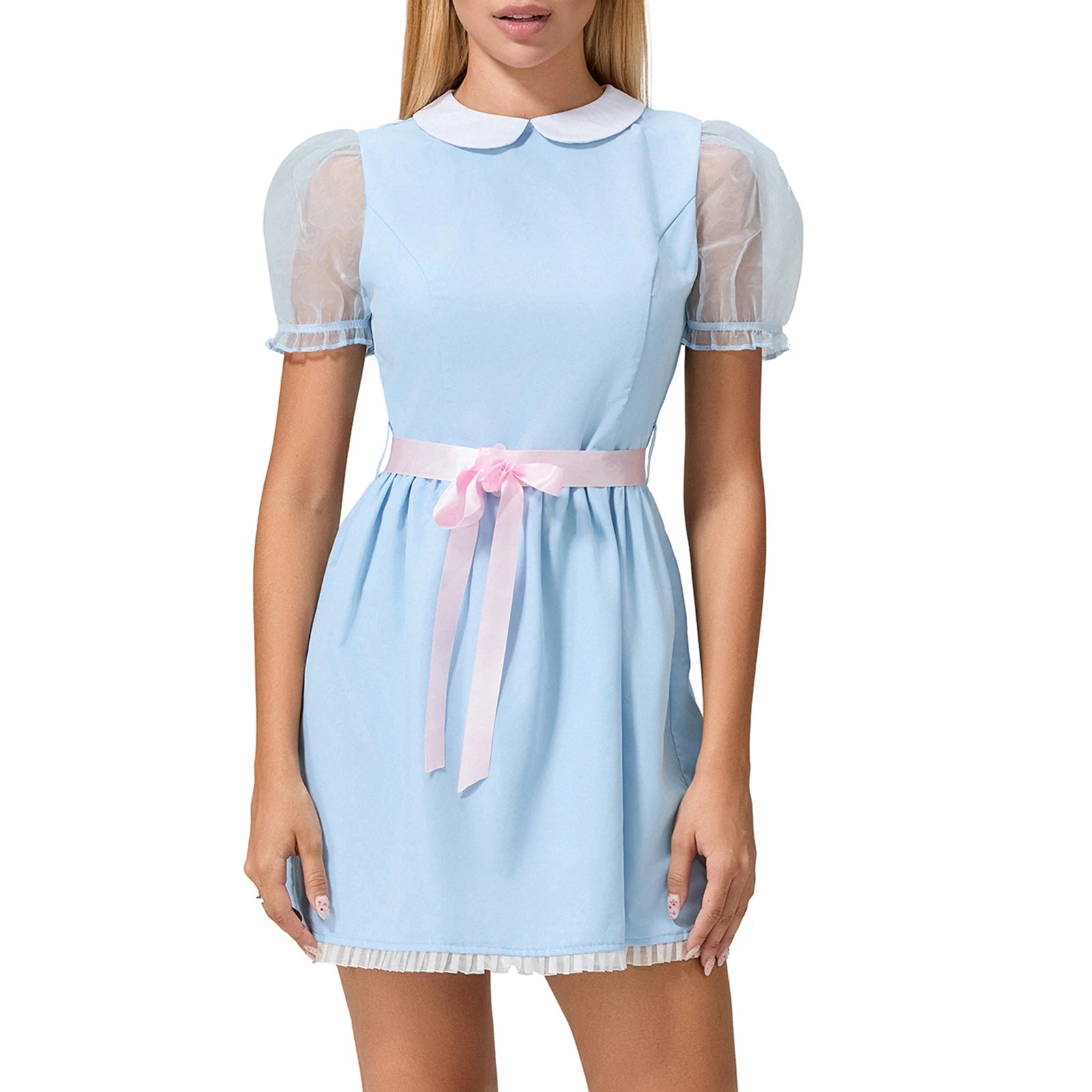 Women Summer Mini Sweet Dress Short Sheer Mesh Sleeve Doll Collar Dress with Belt