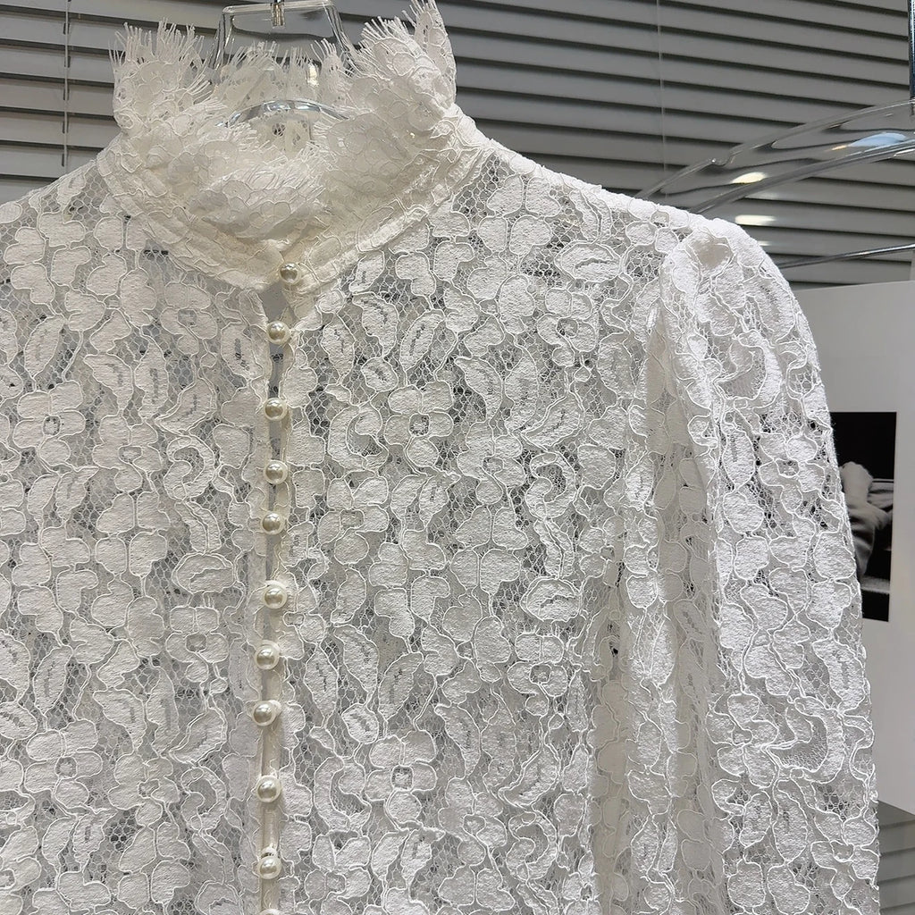 KTCZ Solid Spliced Lace Hollow Out Blouse For Women Long Sleeve Single Breasted Patchwork Print Minimalist Chic Blouse Female