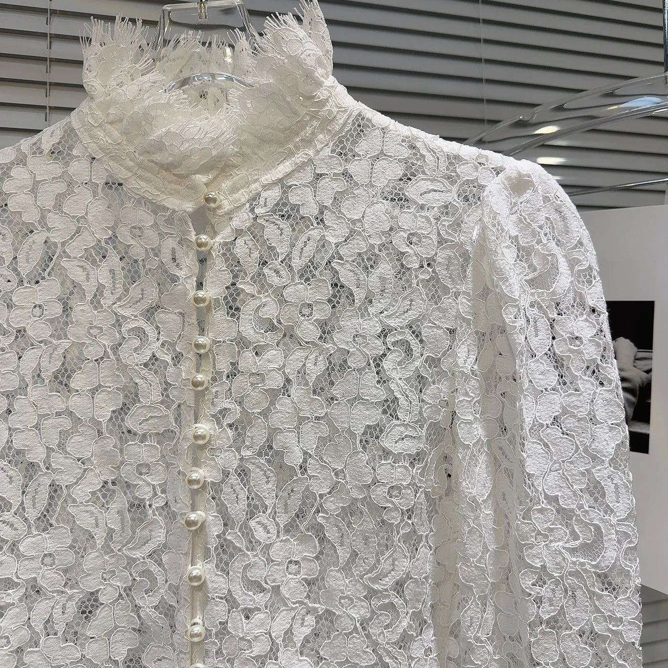 KTCZ Solid Spliced Lace Hollow Out Blouse For Women Long Sleeve Single Breasted Patchwork Print Minimalist Chic Blouse Female