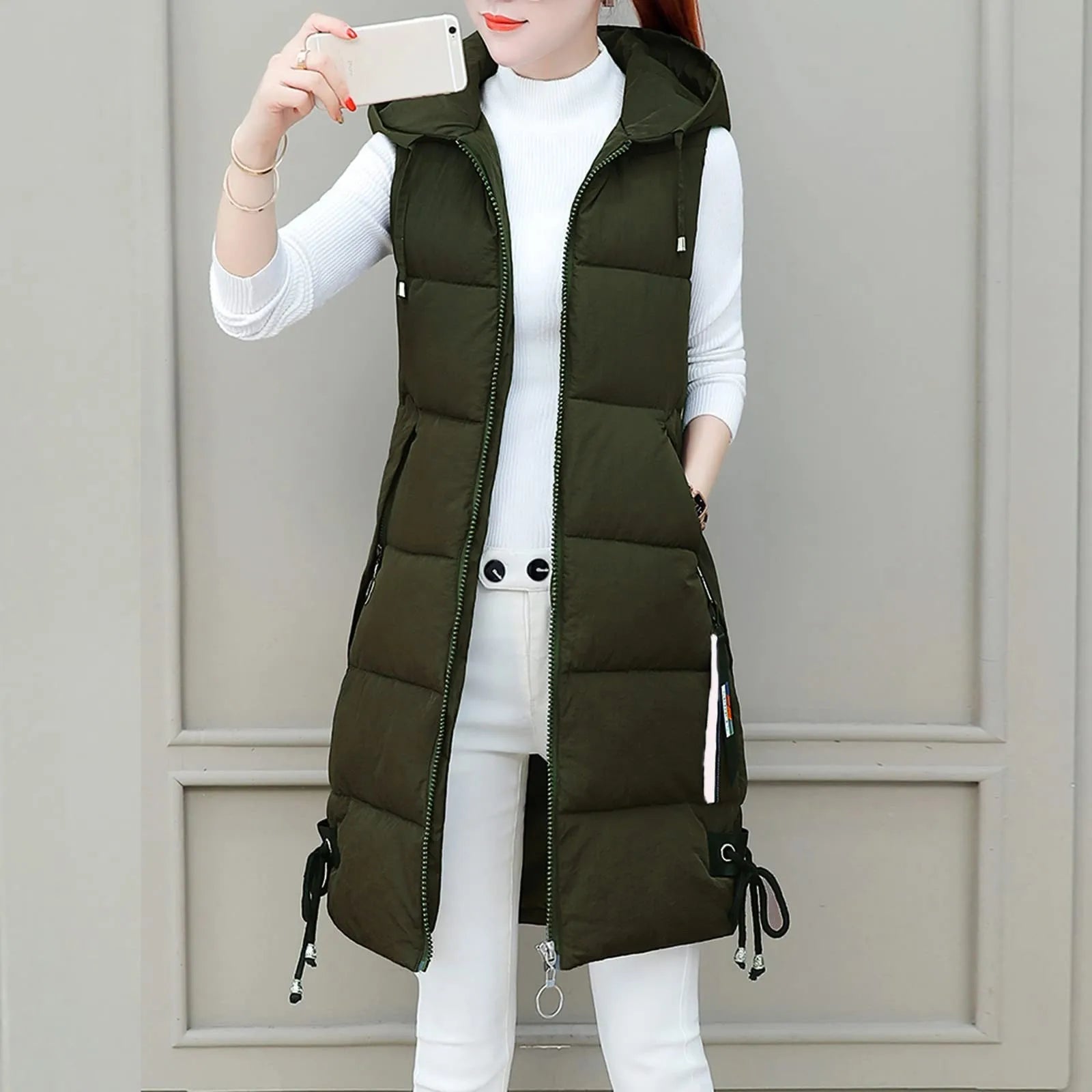 Women'S Autumn And Winter Temperament Sleeveless Cardigan Mid-Length Cotton Vest Vest Coat Abrigos Mujer Invierno Chamarras Muje