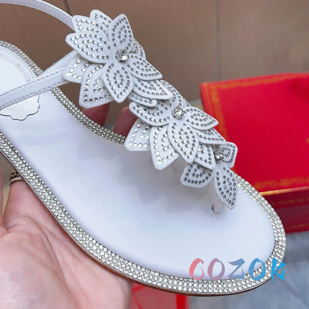 Elegant White Crystal Flower Pinch Toe Summer Flat Sandals Leather Ankle Buckle Strap Dress Shoes Women's Vacation Shoes