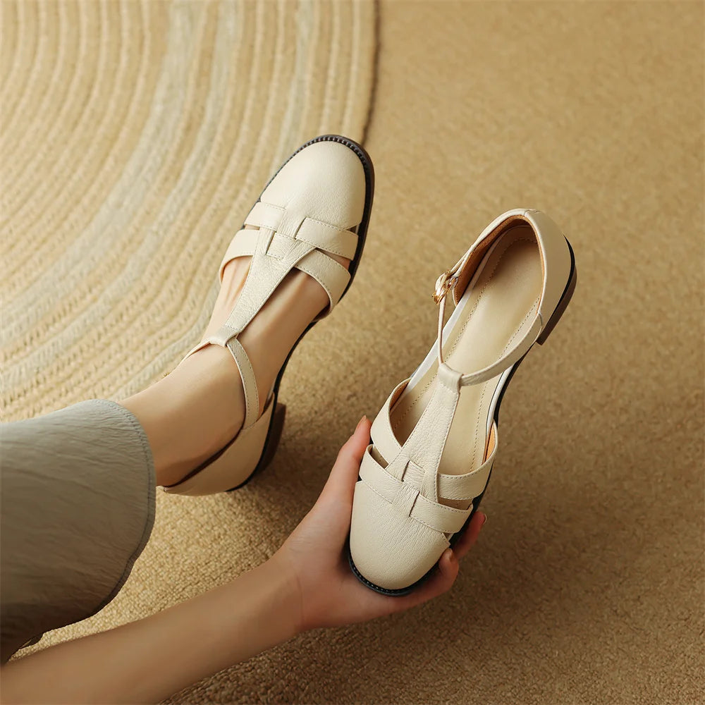 Women's genuine leather narrow band braided t-strap flats sandals round toe casual female summer roman style shoes for women hot