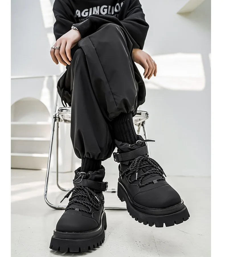 Men Platform Ankle Boots Fashion Personalized Strap Design Shoes Brand High Quality Motorcycle Boots Casual Outdoor Zipper Shoes