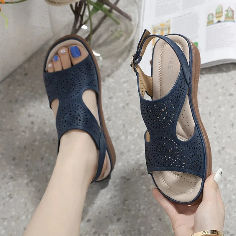 Low Sandals Woman Leather Female Shoe Clogs Wedge Large Size Low-heeled Fashion Girls Platform Big Beige Retro  Comfort Scan