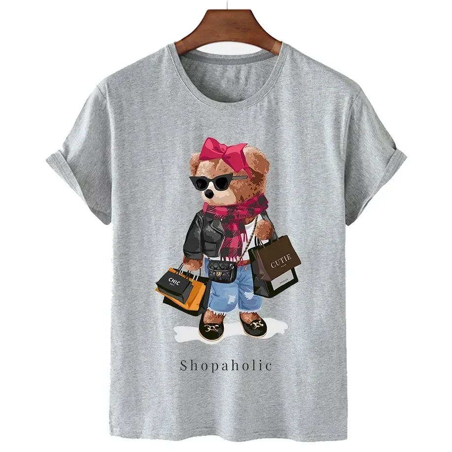 Shopaholic Bear Funny Cute Top Camisetas Black Ladies T-Shirts Aesthetics Graphic White Short Sleeve Polyester Women's T-shirt