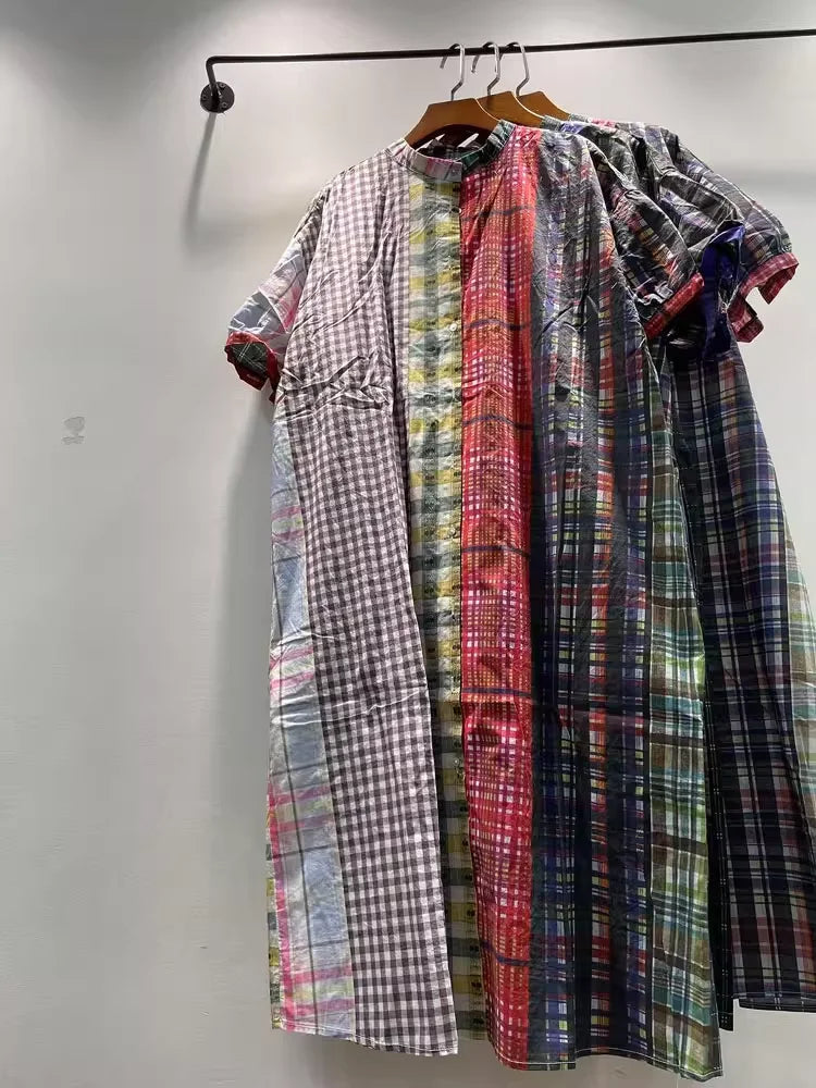 Women's plaid shirts casual 100% cotton long shirt dress for women Japan fashion short sleeve mid-length plaid patchwork shirt
