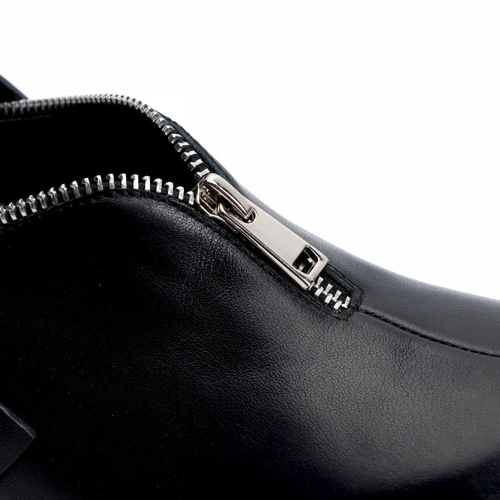 Black Leather Slip-On Vintage Shoes Handmade Women's Leather Platform Clogs with Arch Support, Zipper Detail, Studded Mules