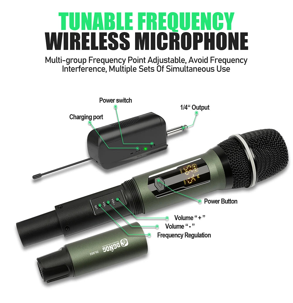 Rechargeable Battery Microphone 2 Channel UHF Wireless Microphone Dual Handheld Dynamic Adjust Frequency For Stage 200ft DL602
