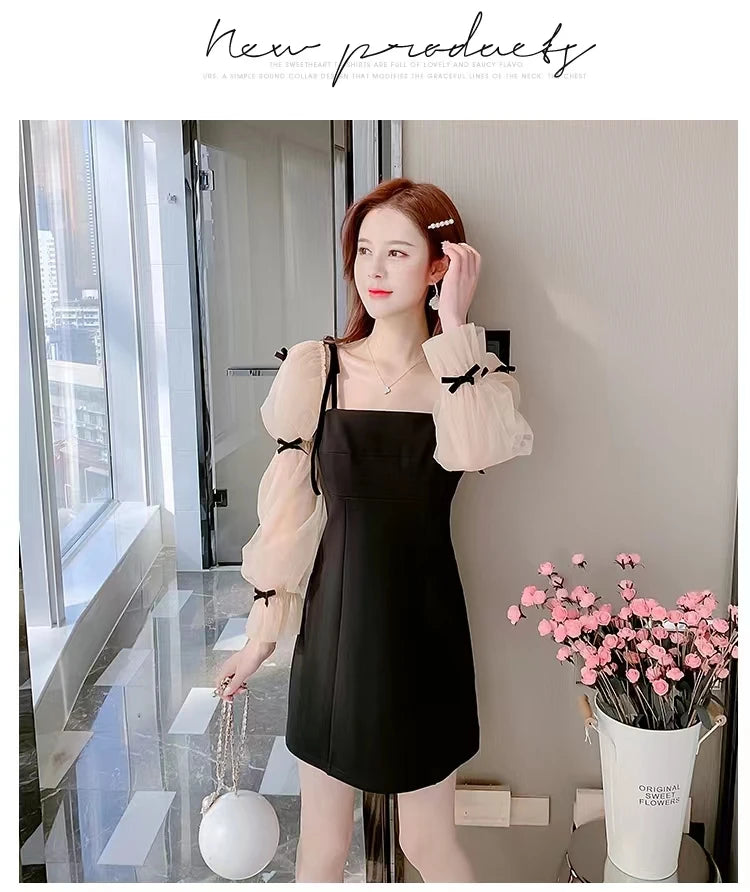 Flare Sleeve Evening Dress for Women Black Elegant Bow Mesh Patchwork Luxury Temperament Famous Lady Aesthetic Платье Женское