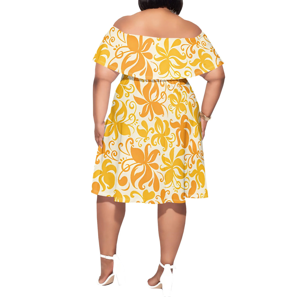 Plus Size Off Shoulder Ruffle Hem Dress Summer Yellow Abstract Floral Print Casual Holiday Look
