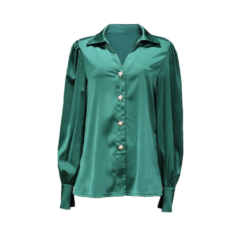 Satin Women's Shirt Elegant Black Lantern Sleeves Fashionable Casual Autumn And Winter Blouse Green Loose Silk Office Shirt For