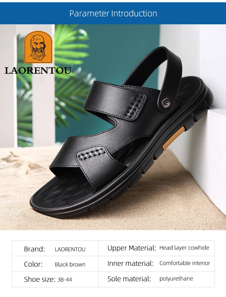 Laorentou Genuine Leather Summer Casual Beach Shoes, Cowhide Soft Soles, Anti Slip, Dual-Purpose Sandals for External Wear2050606
