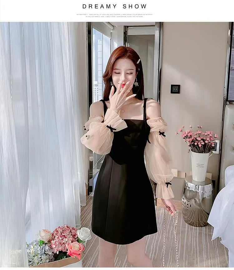 Flare Sleeve Evening Dress for Women Black Elegant Bow Mesh Patchwork Luxury Temperament Famous Lady Aesthetic Платье Женское