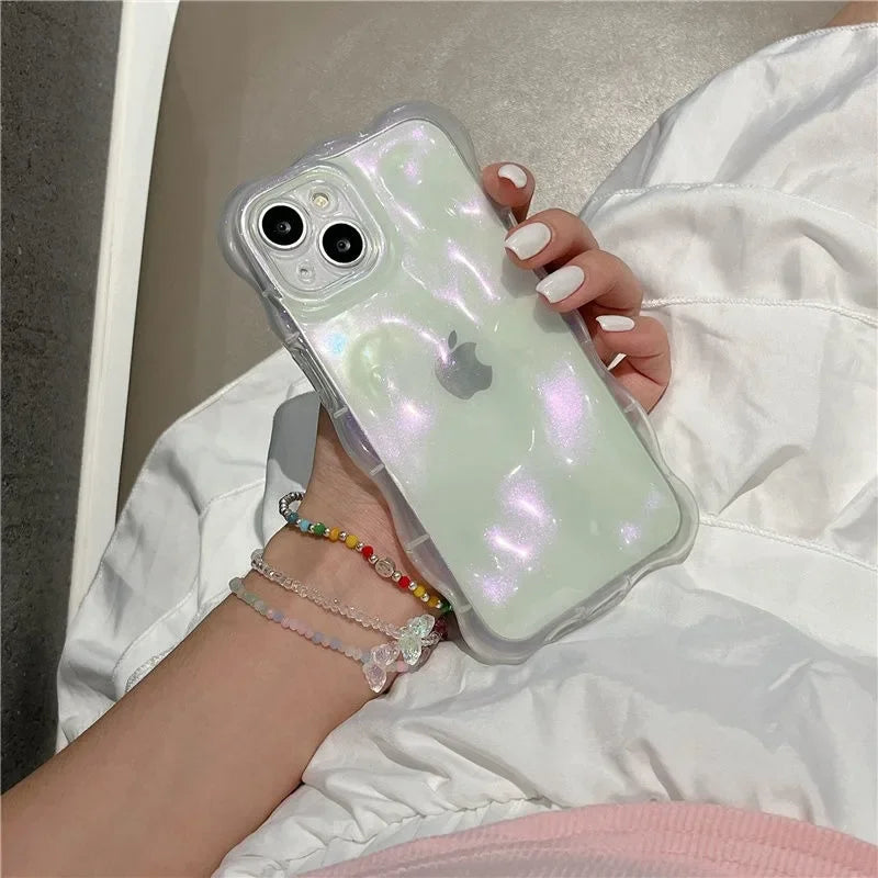 Transparent 3D Bubbles Shape Curly Shiny Phone Case For iPhone 17 Pro Air 15 16 Plus 14 13 12 Pro Max 11 Meteorite Wave Cover