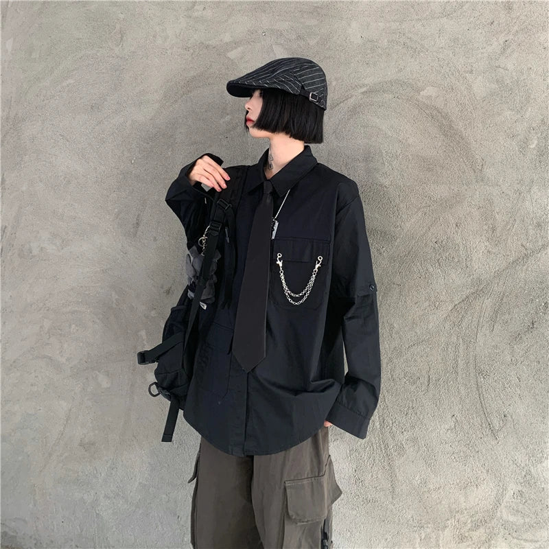 Women's Two-Way Wear Long Sve irt Loose Fit Street Sle Korean Version Retro BF Top  Collar Button up Polyester