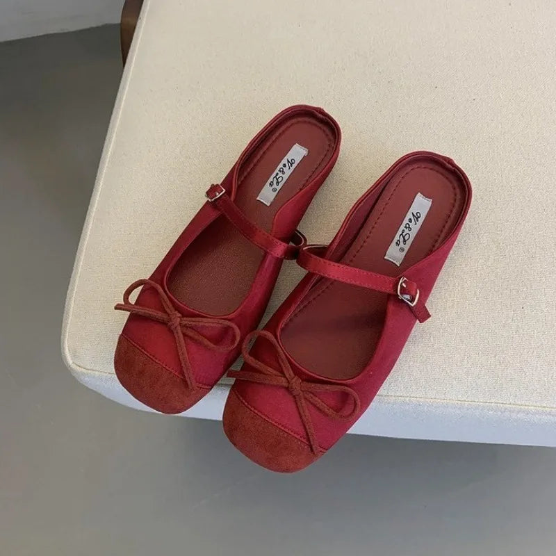 New Style Luxury Satin Silk Ballet Shoes Woman Classic Square Toe Bowtie Elastic Band Ballerina Flats Ladies Soft Loafers