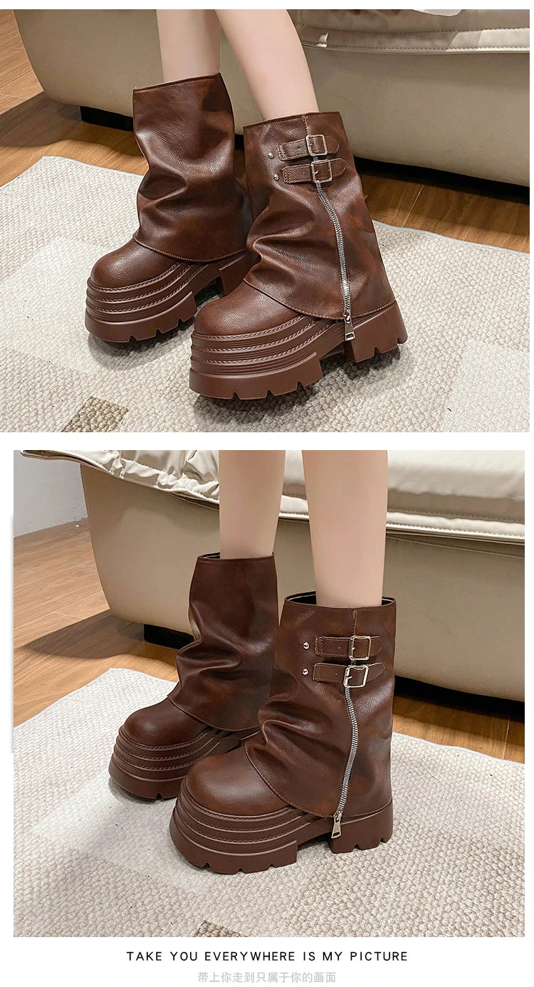 10CM Winter Warm Chunky Short Boots Women High Heels New Mid Calf Leather Sneakers Trend Buckle Motorcycle Boots Fur Snow Shoes